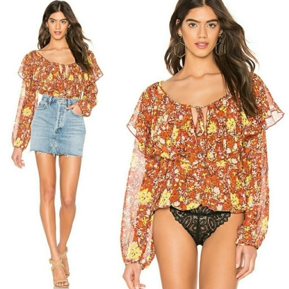 Free People Orange Floral Tie-Neck Peasant Blouse